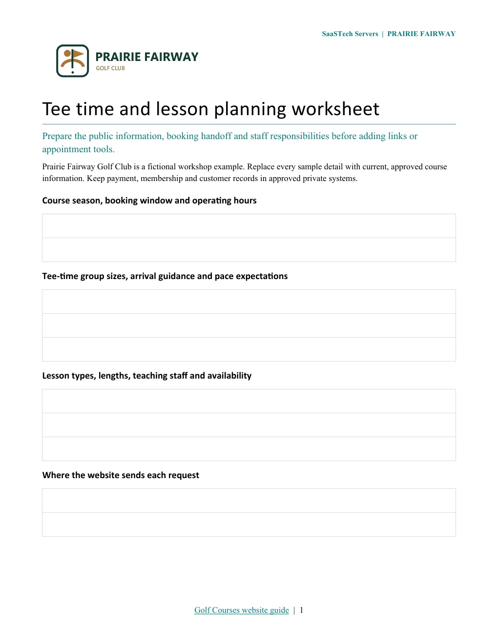Tee time and lesson planning worksheet · Page 1