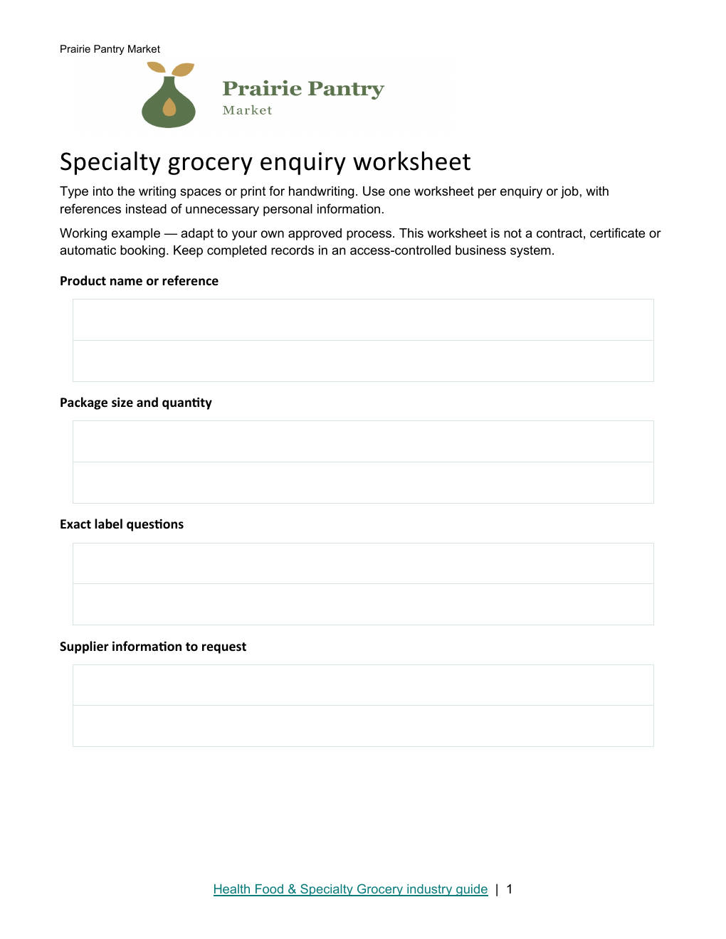 Specialty grocery enquiry worksheet · Page 1