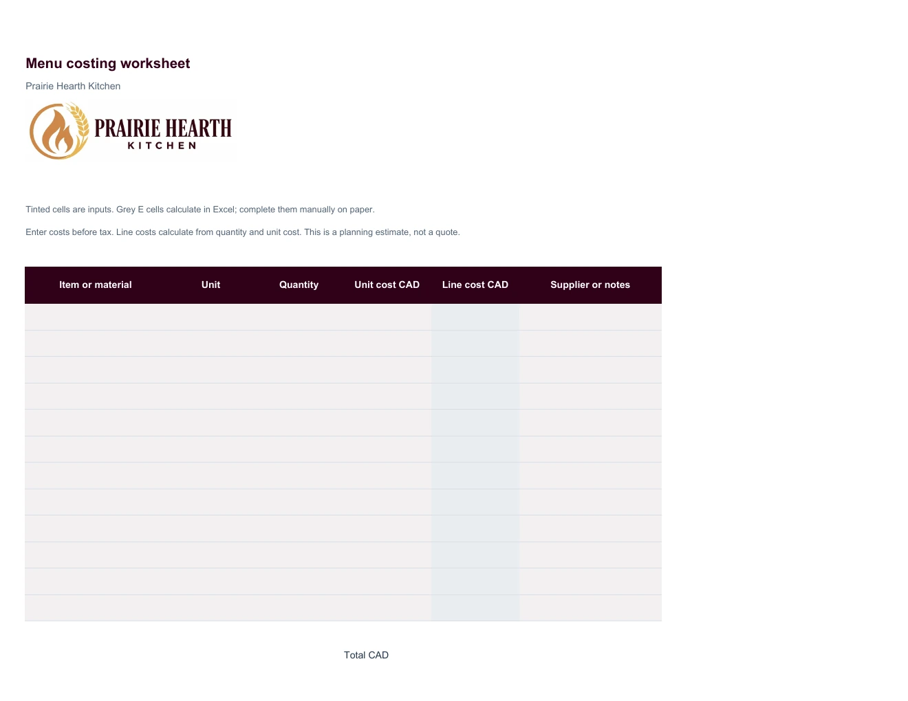 Menu costing worksheet