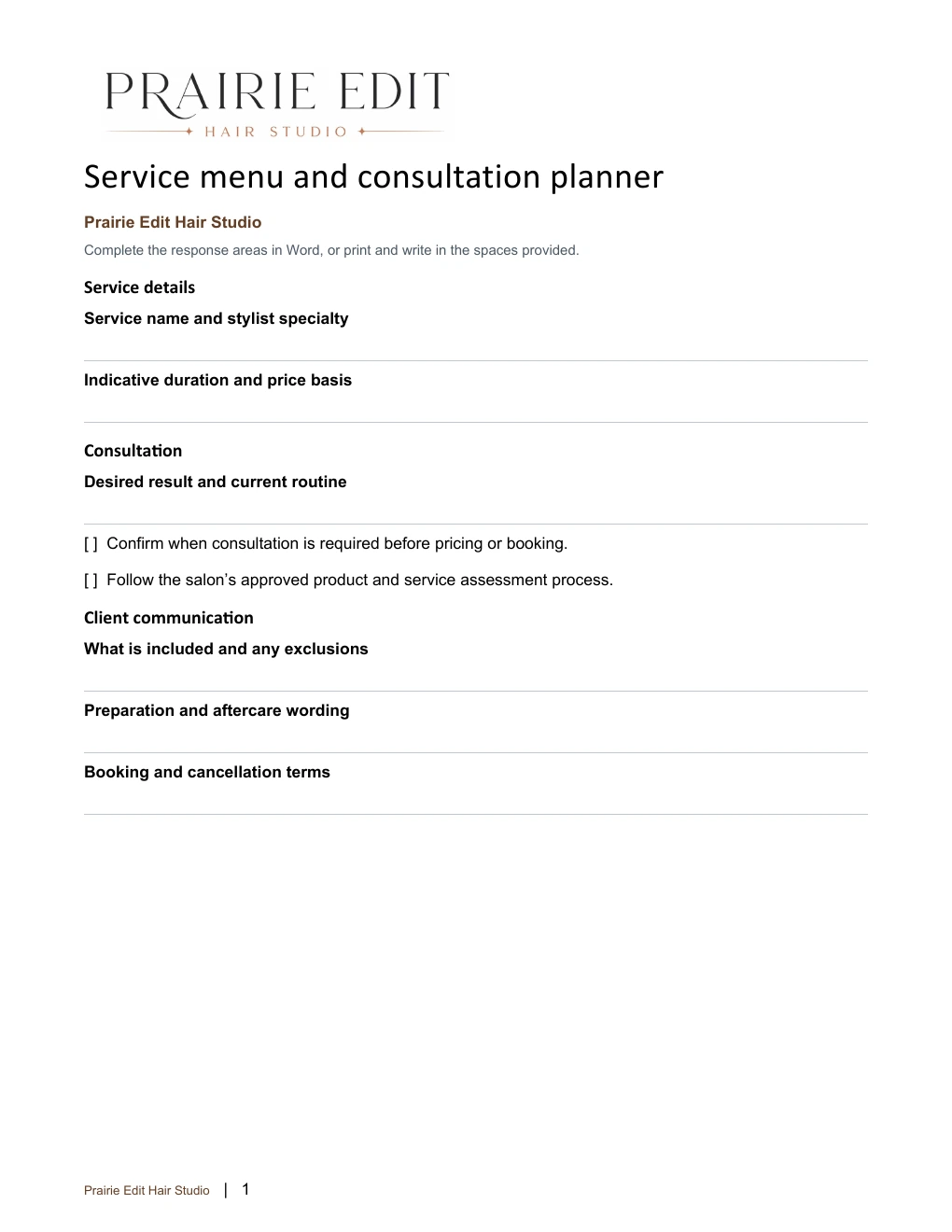 Service menu and consultation planner