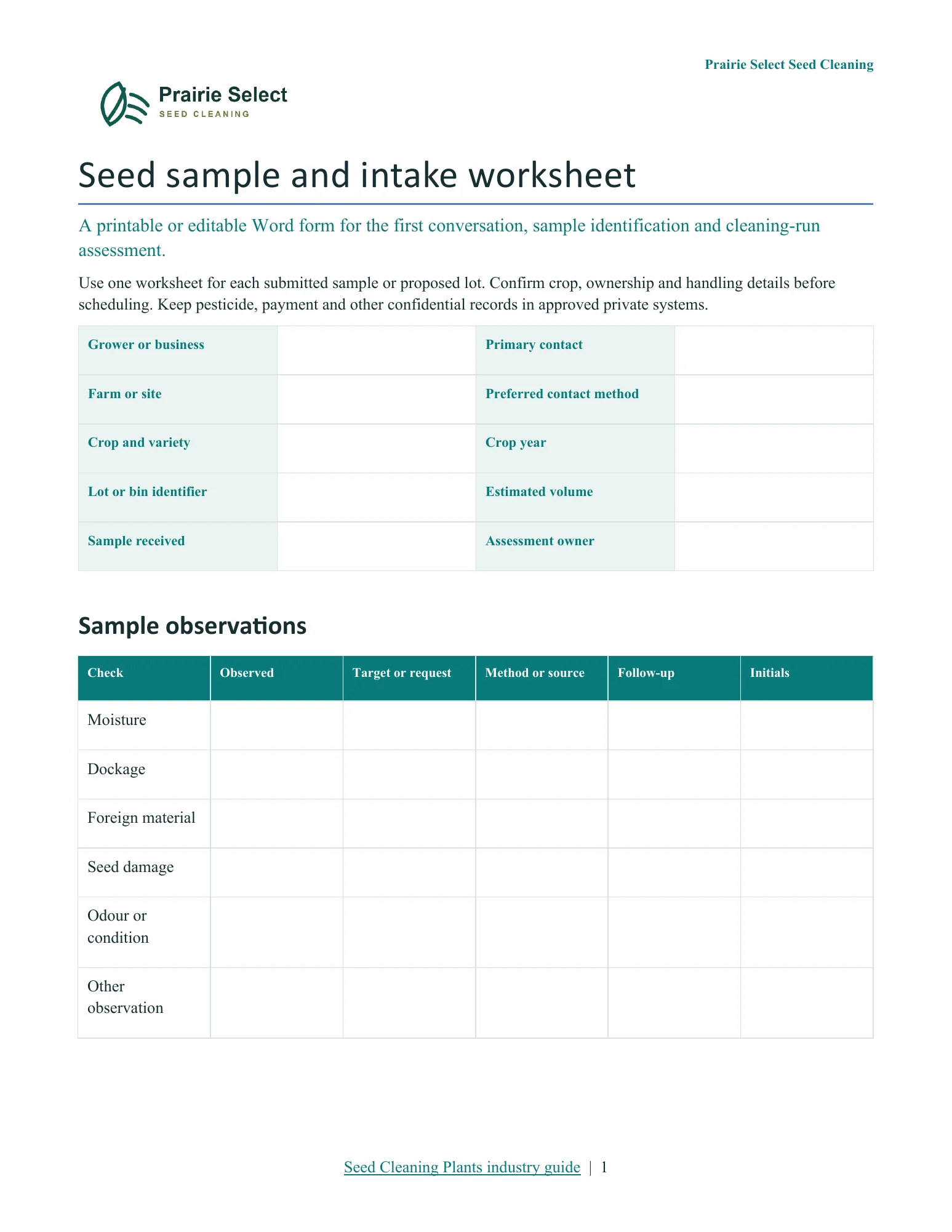 Seed sample and intake worksheet · Page 1