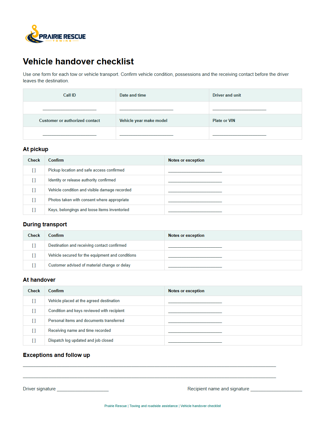 Vehicle handover checklist
