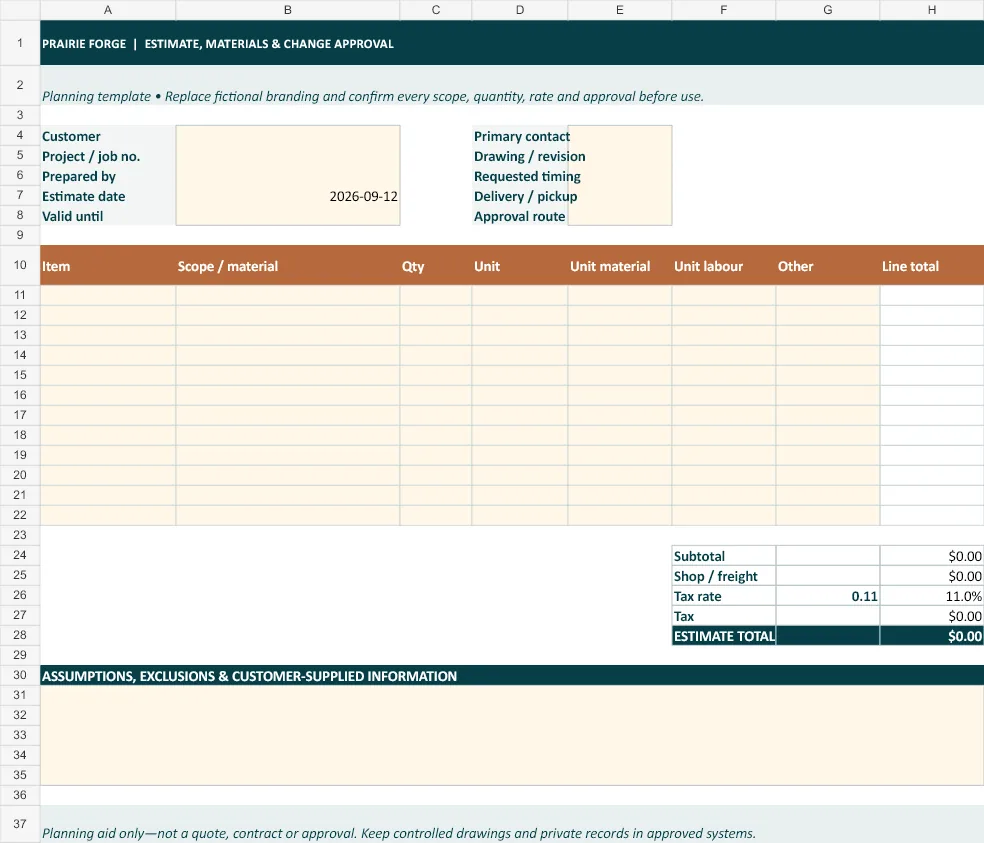 Estimate, materials and change-approval tracker · Page 1