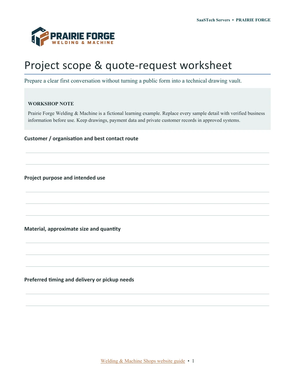Project scope and quote-request worksheet · Page 1