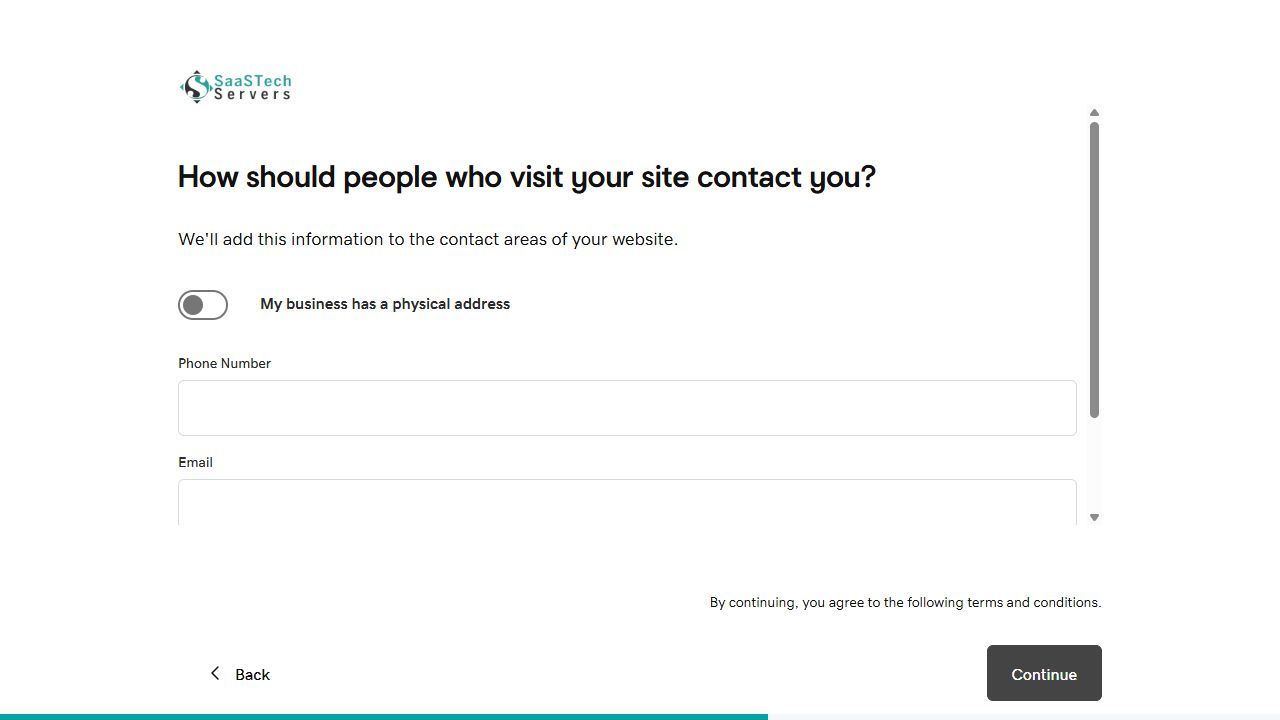 Website Builder setup showing contact and business information options