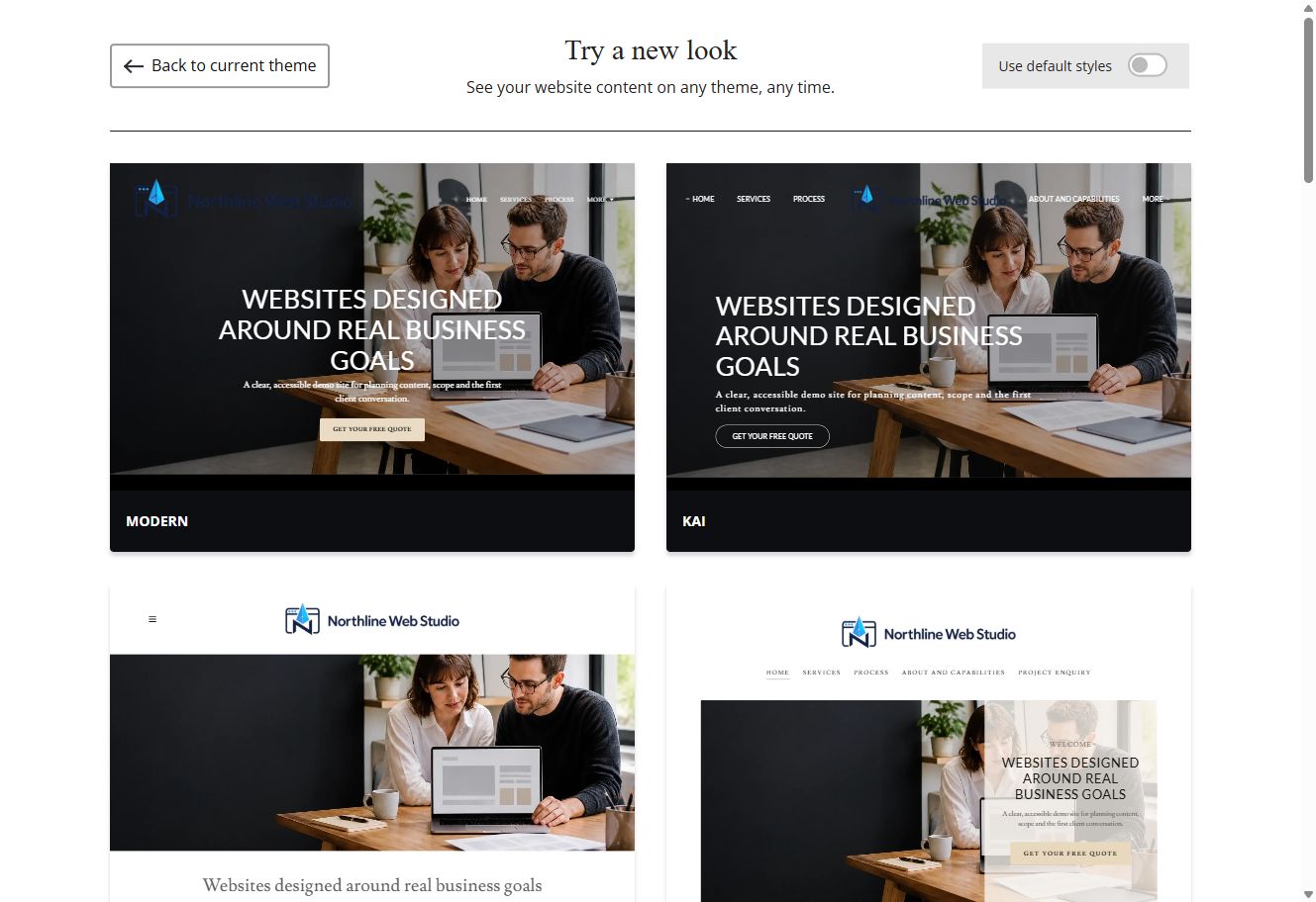 Modern, Kai, Libre and Bisque Website Builder previews using Northline Web Studio's selected colour