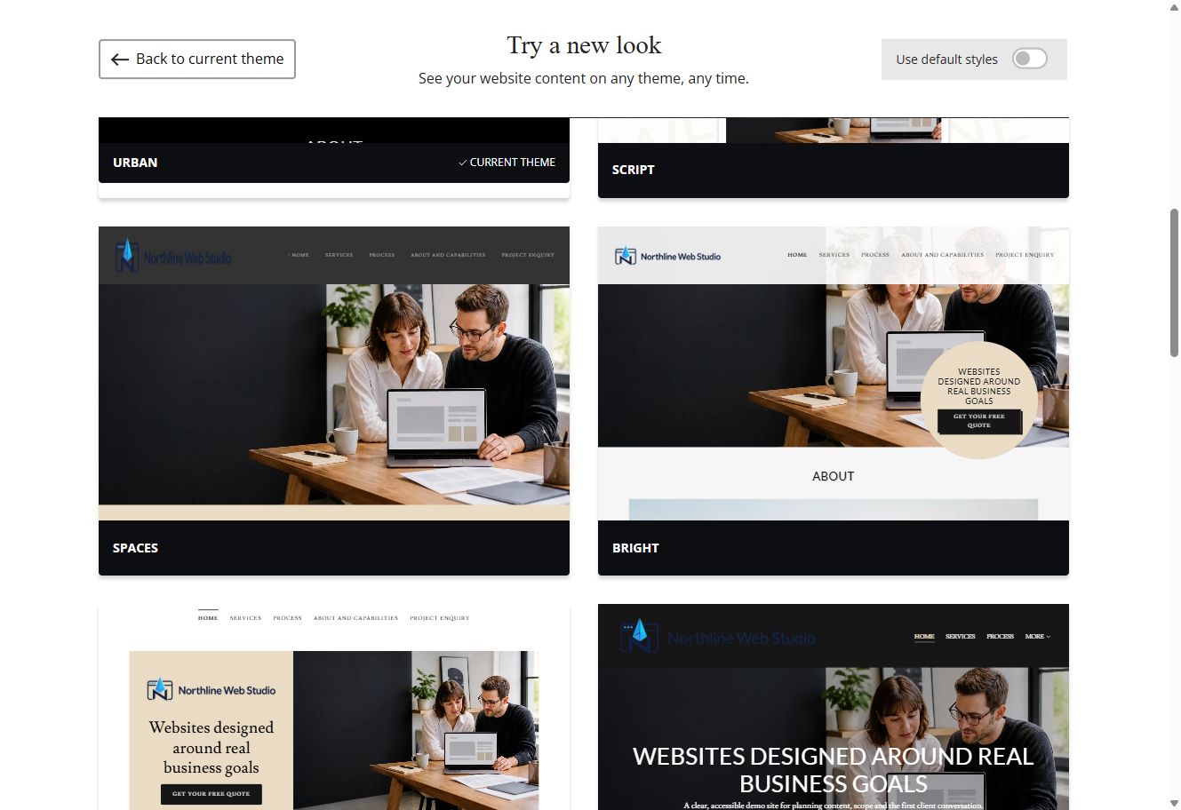 Spaces, Bright, Mint and Slate Website Builder previews using Northline Web Studio's selected colour
