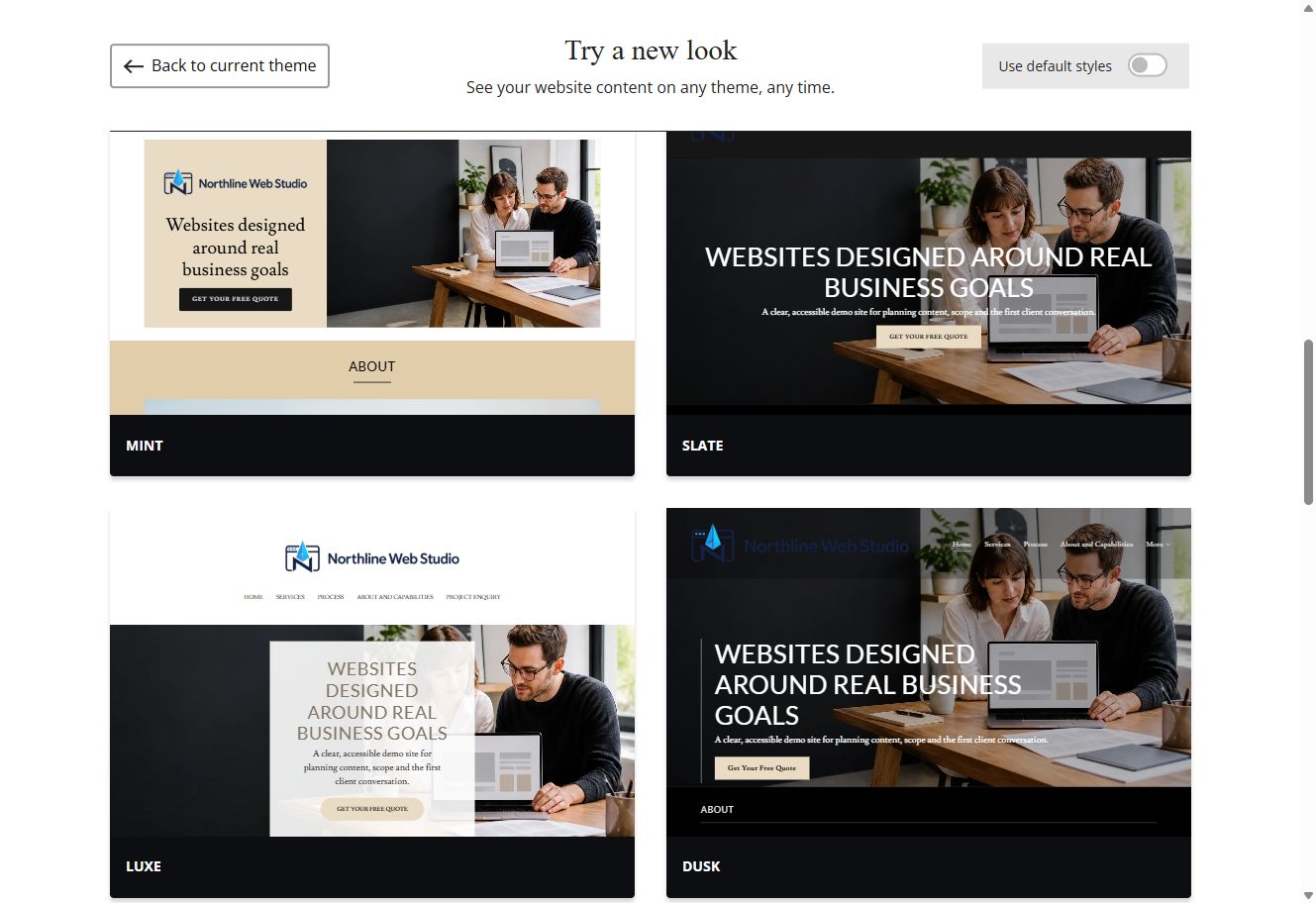 Mint, Slate, Luxe and Dusk Website Builder previews using Northline Web Studio's selected colour