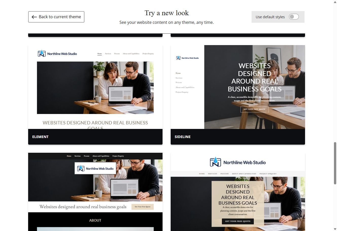 Element, Sideline, Retro and Trade Website Builder previews using Northline Web Studio's selected colour
