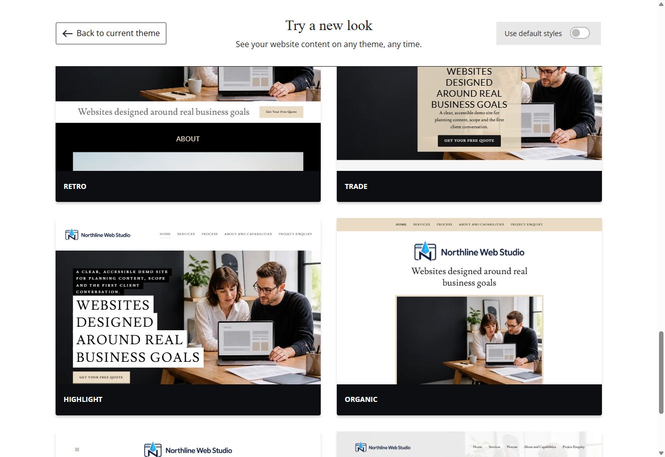 Retro, Trade, Highlight and Organic Website Builder previews using Northline Web Studio's selected colour