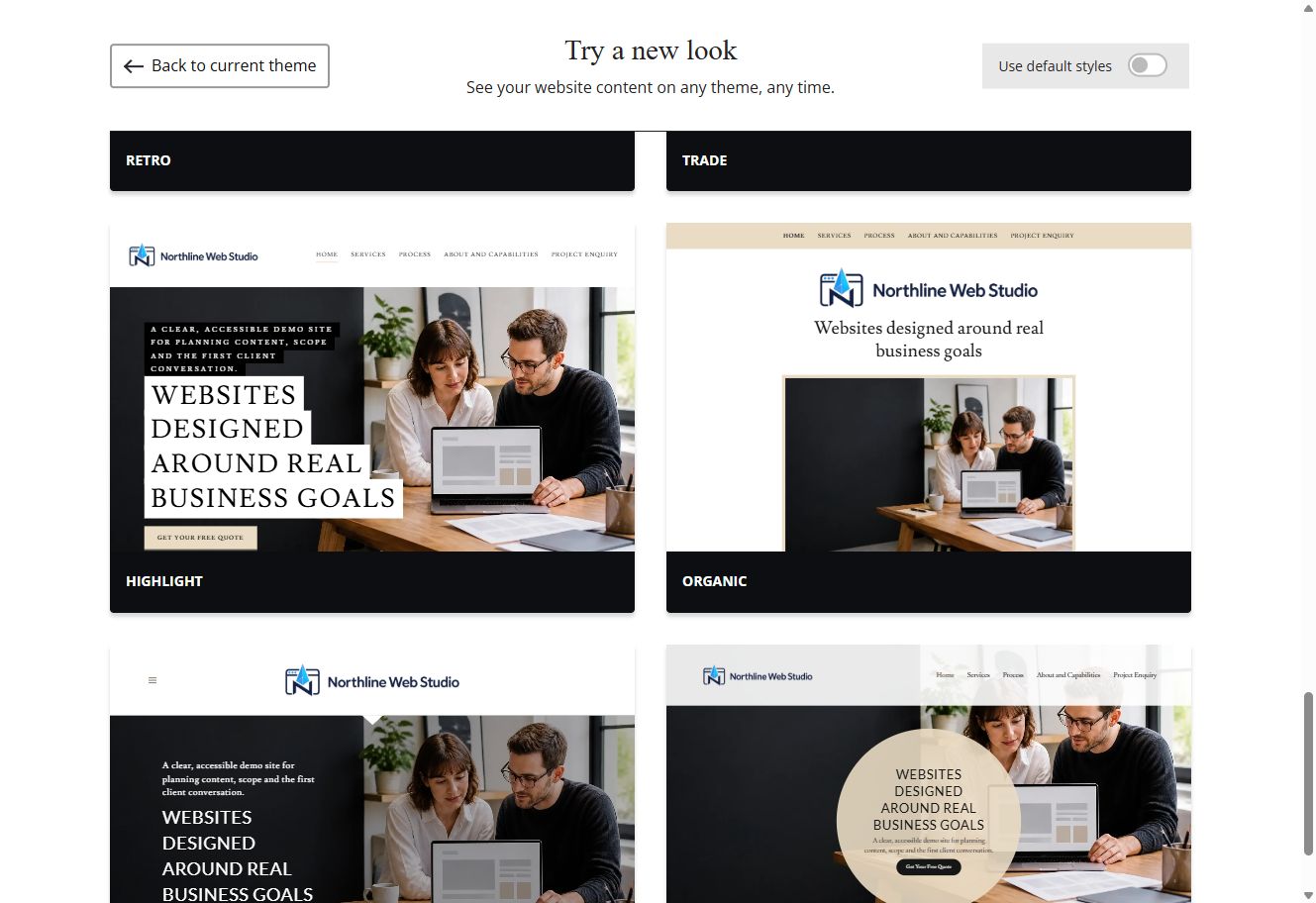 Highlight, Organic, Focus and Craft Website Builder previews using Northline Web Studio's selected colour