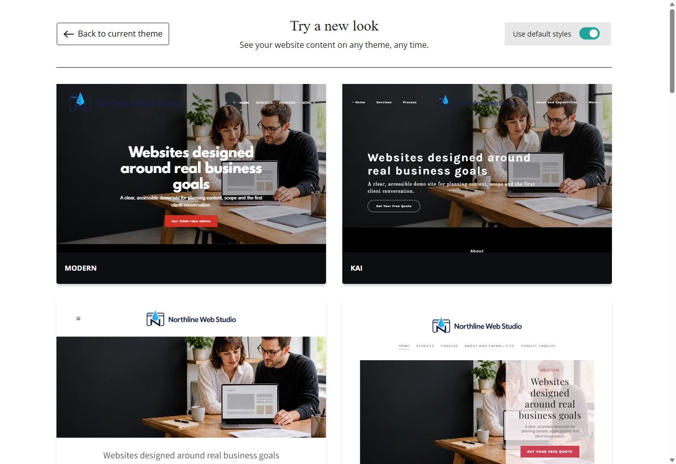 Modern, Kai, Libre and Bisque Website Builder previews using each theme's default styles