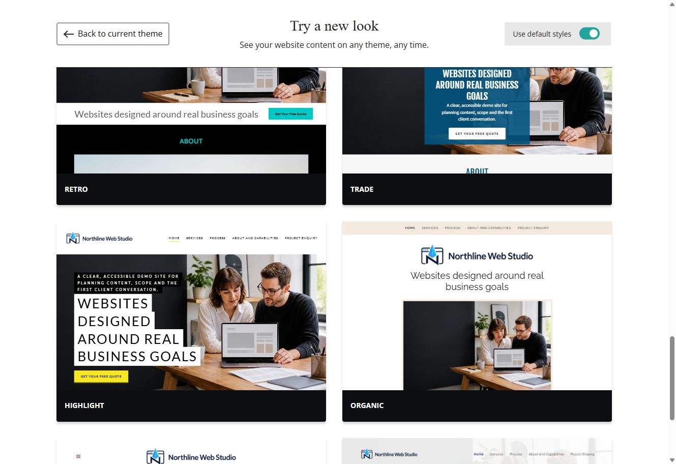 Retro, Trade, Highlight and Organic Website Builder previews using each theme's default styles
