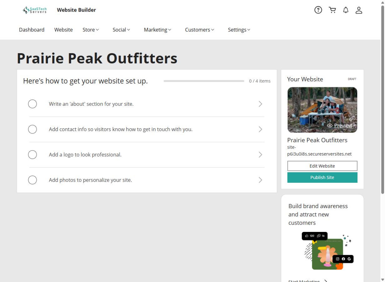Prairie Peak Outfitters Website Builder dashboard with a four-item setup checklist