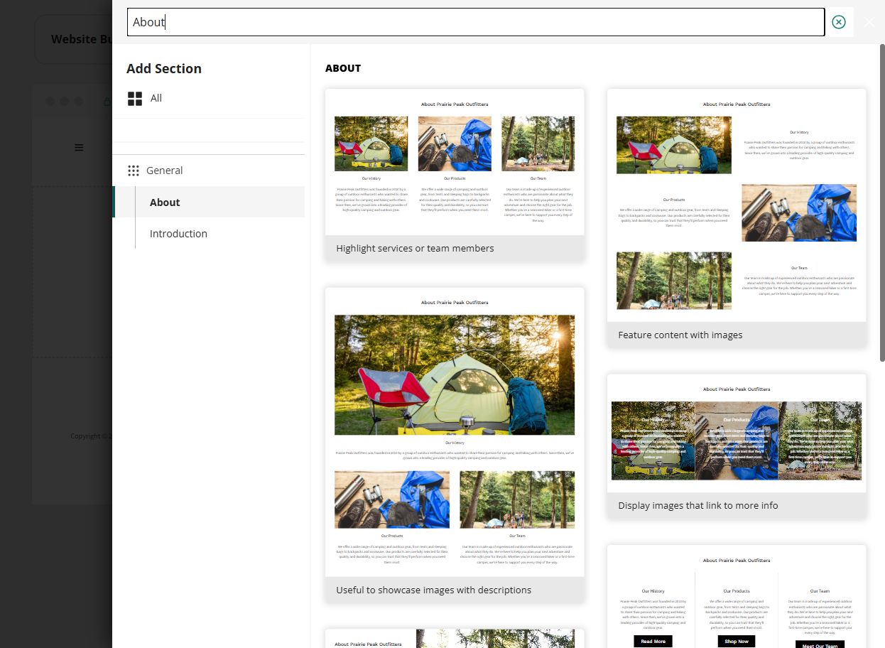 Website Builder Add Section panel showing About layout choices
