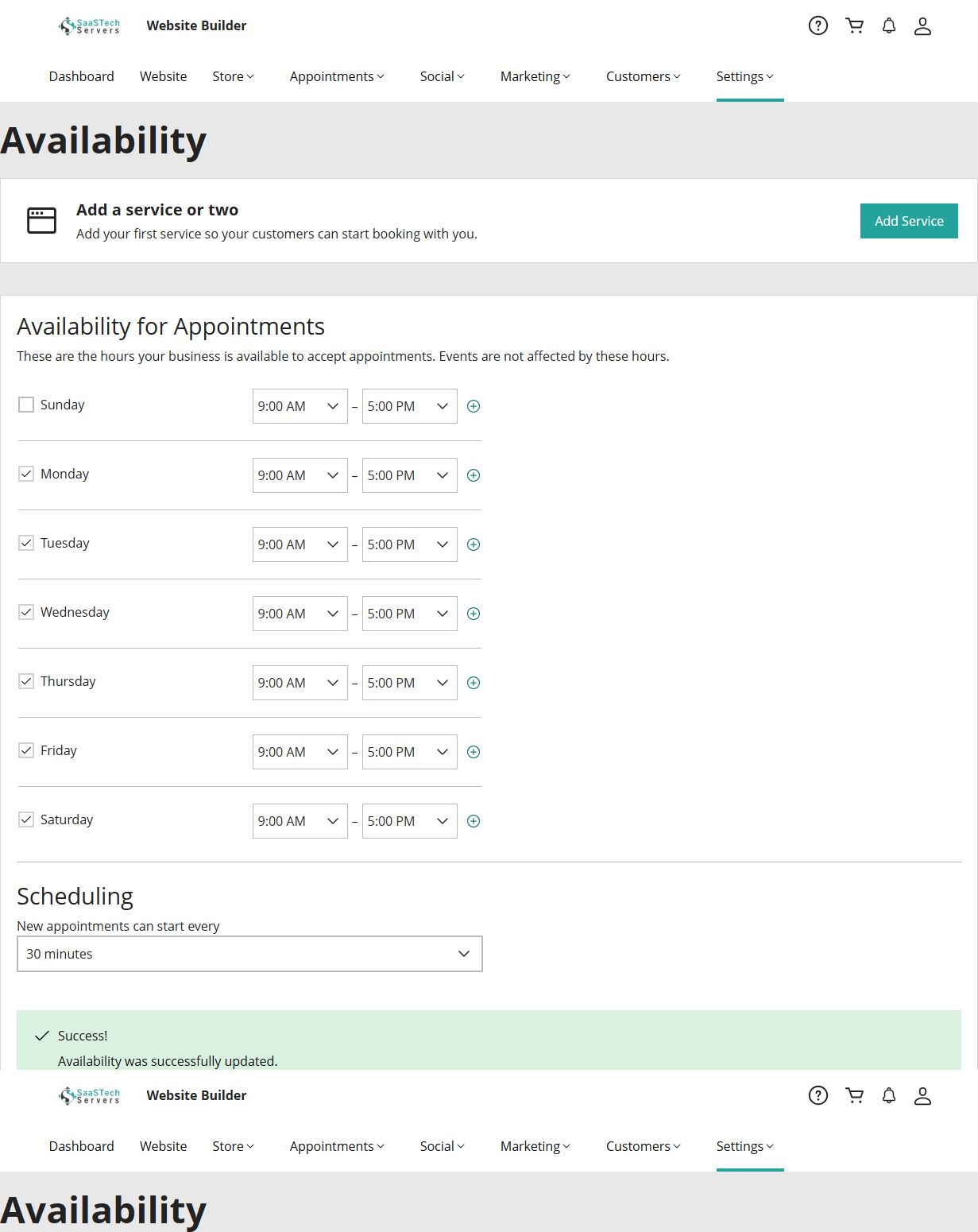 Online Appointments availability settings with weekday hours, Sunday closed and 30-minute scheduling intervals
