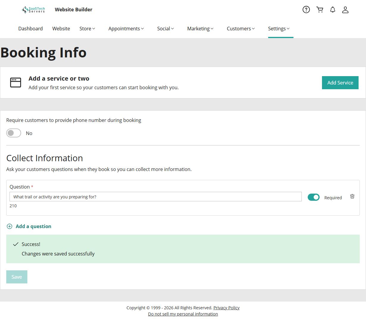 Online Appointments booking information settings with a required question about the customer's planned trail or activity
