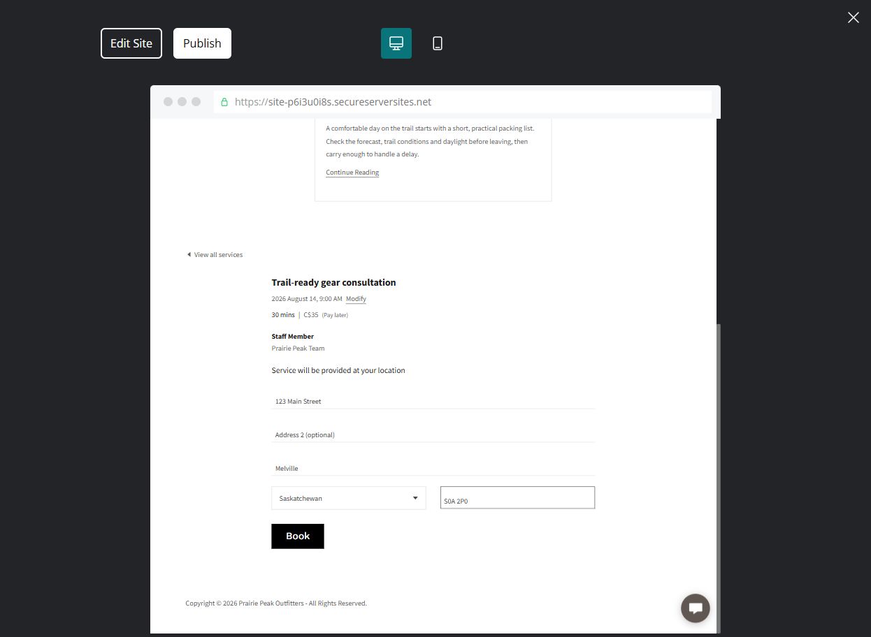 Customer appointment form showing the selected service, staff member and address fields with the Book button disabled in preview