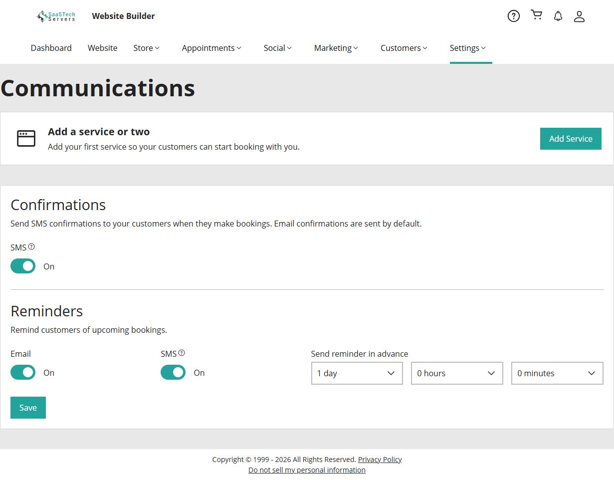 Online Appointments communications settings showing confirmations and one-day advance reminders
