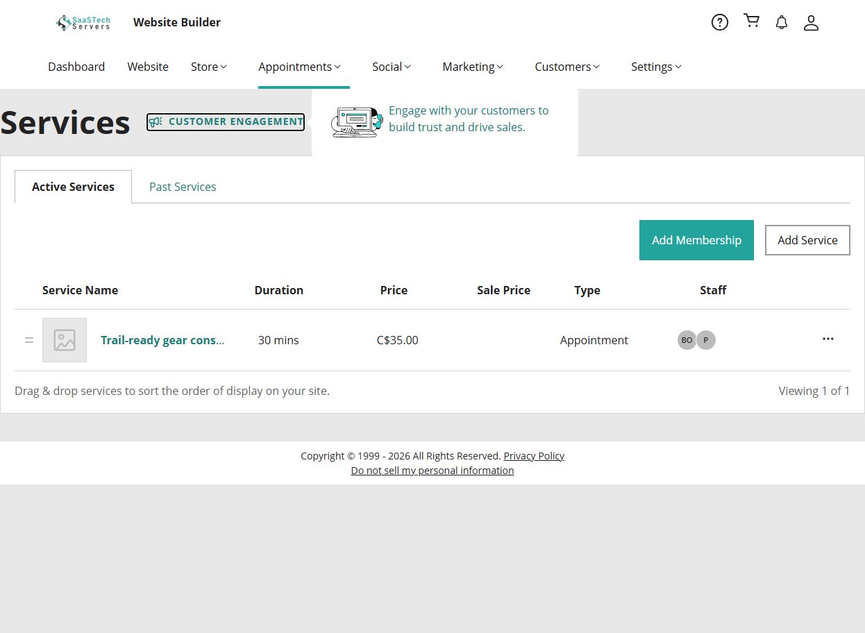 Online Appointments service list showing a 30-minute Trail-ready gear consultation priced at 35 Canadian dollars