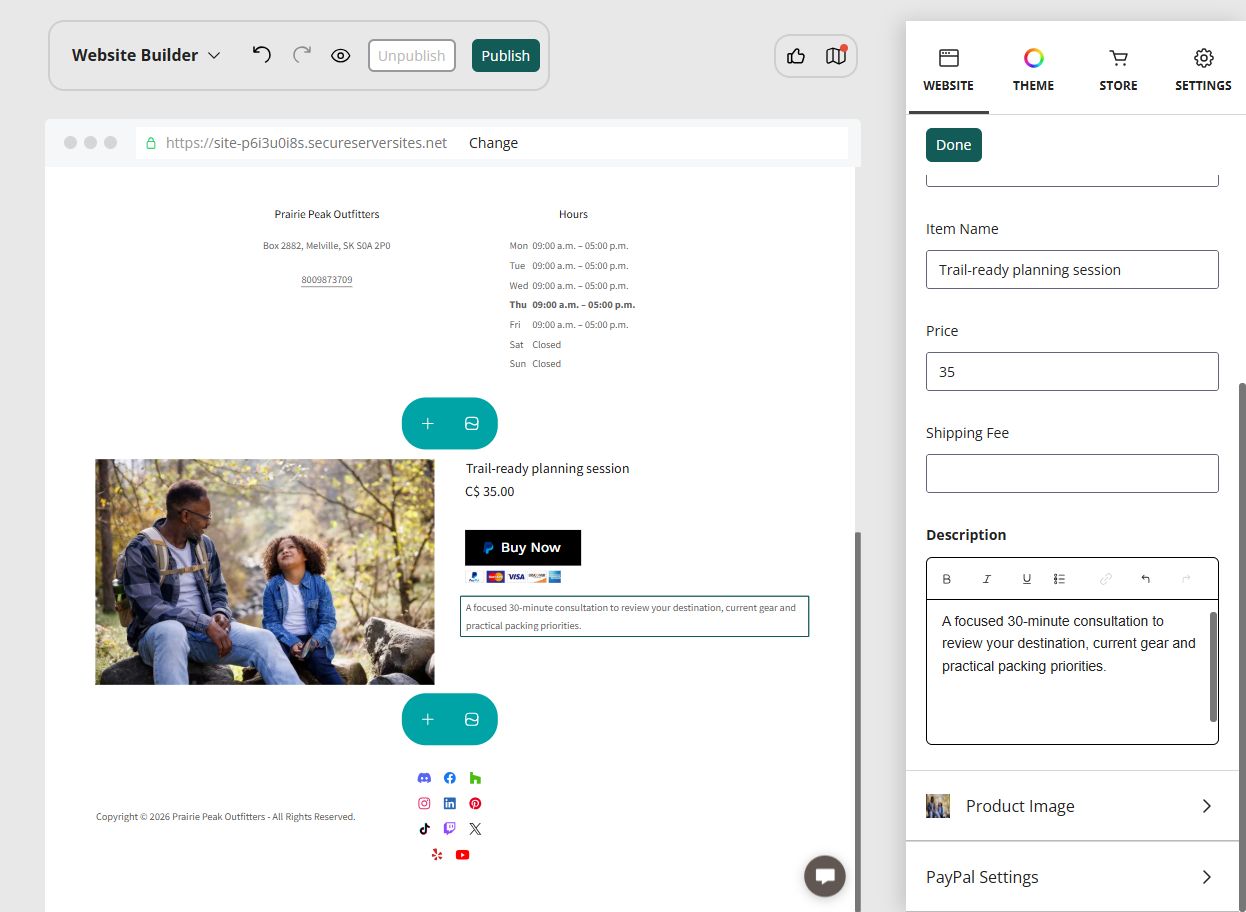 Website Builder editor configuring a PayPal button for a trail-ready planning session