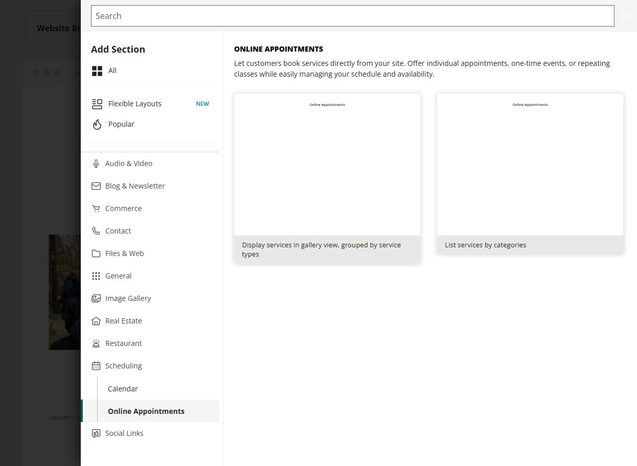 Website Builder Online Appointments section offering gallery and category layouts