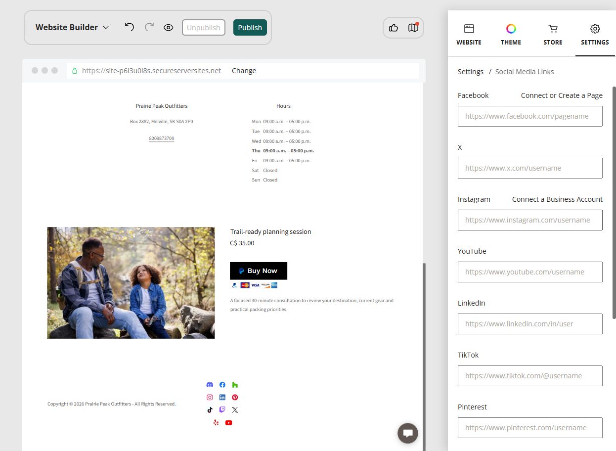 Website Builder social media link settings for Facebook, Instagram, YouTube, LinkedIn and other networks