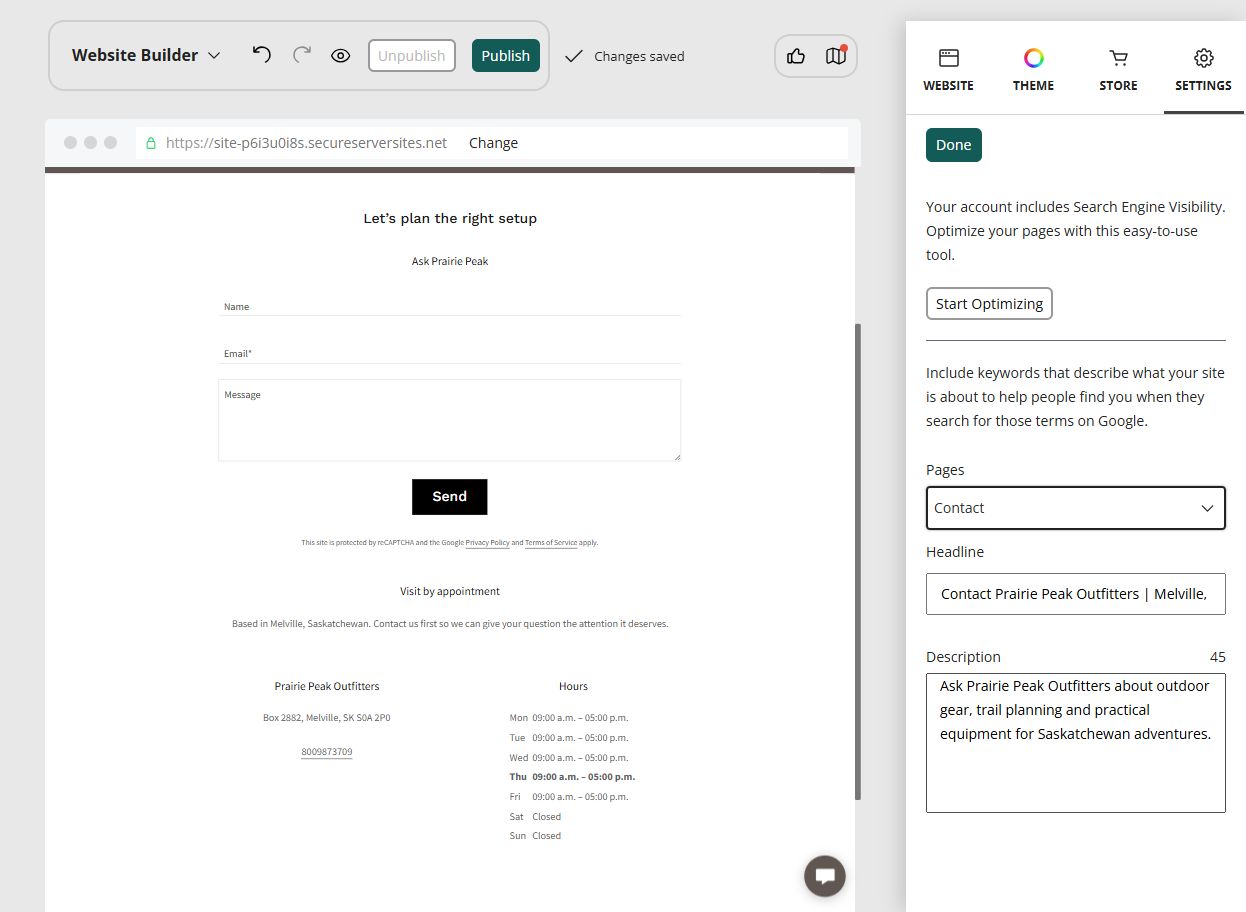 Website Builder SEO settings with a search title and description for the Prairie Peak Outfitters contact page