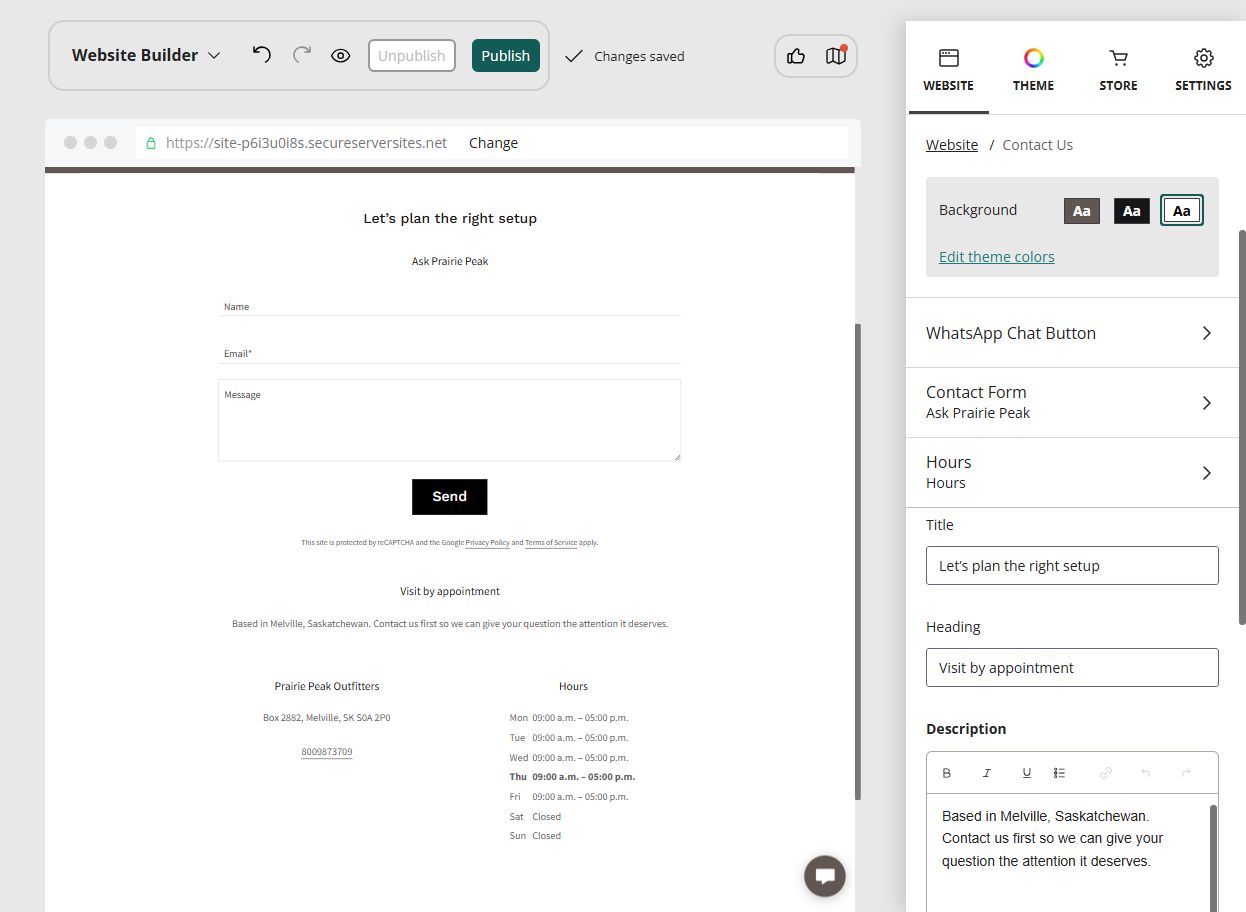 Website Builder editor showing a completed contact form, appointment note and business hours