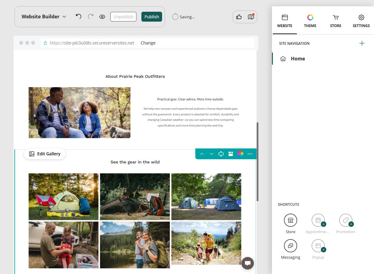 Website Builder editor showing the Prairie Peak Outfitters About section and camping gallery
