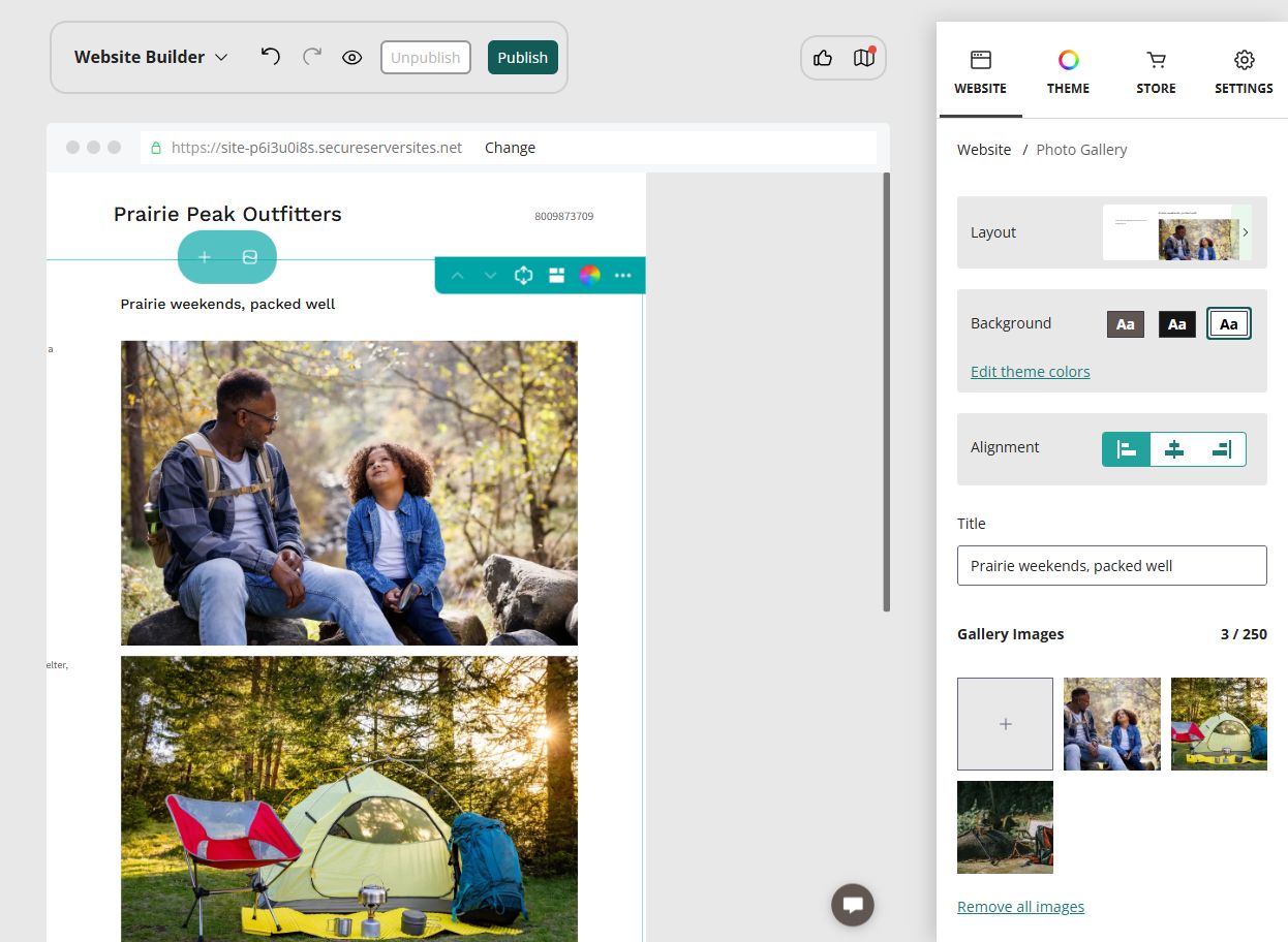 Website Builder editor showing a captioned outdoor photo gallery