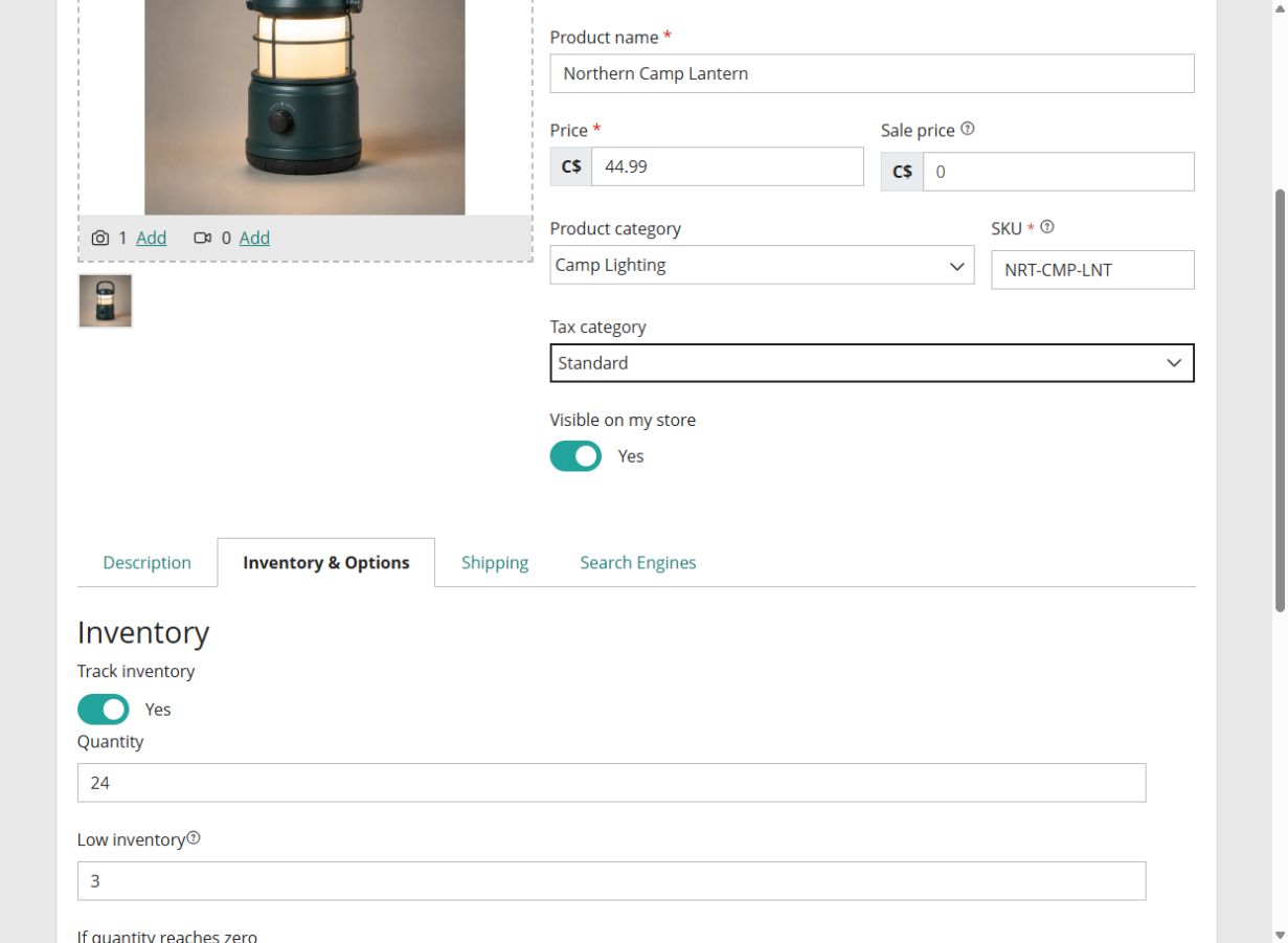 Northern Camp Lantern inventory settings with 24 units, a low-stock threshold of three and backorders disabled