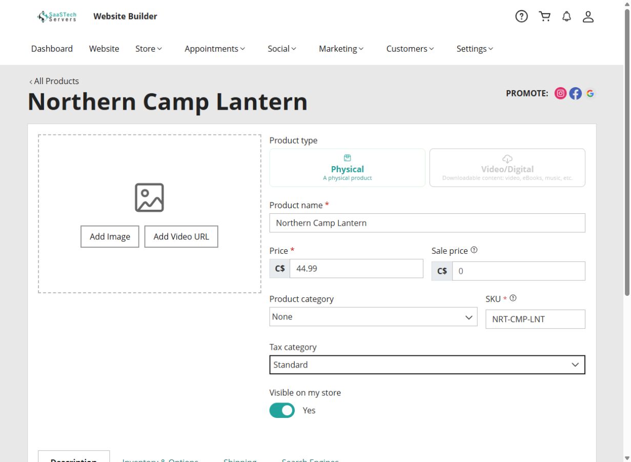 Online Store product editor for the Northern Camp Lantern with its price, SKU and description