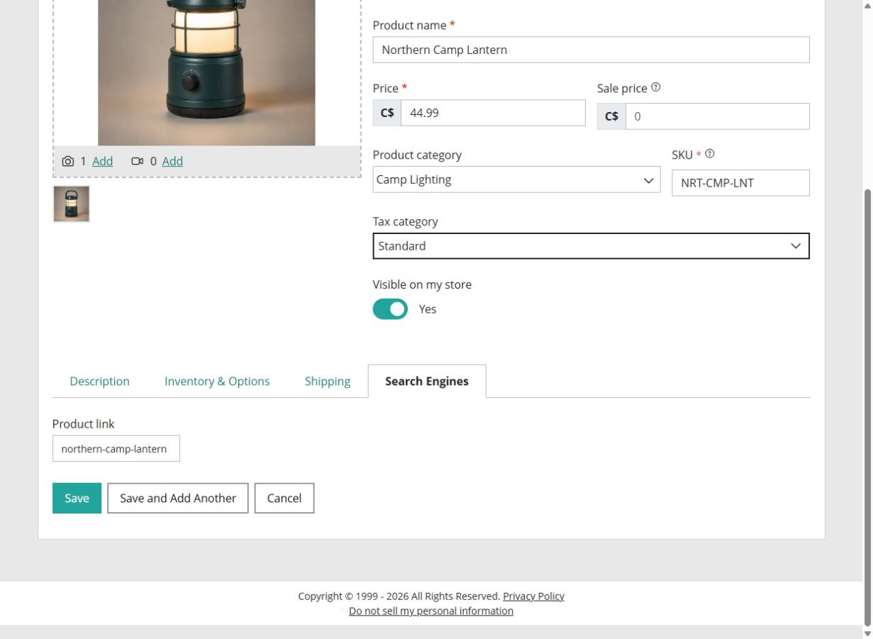 Northern Camp Lantern search-engine settings with a readable product link