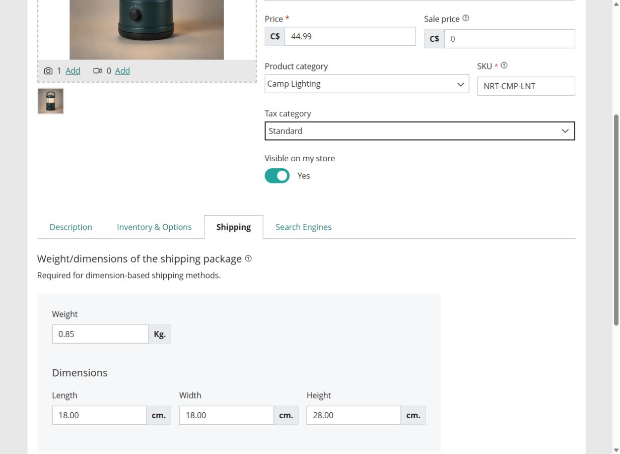 Northern Camp Lantern shipping settings with package weight and dimensions