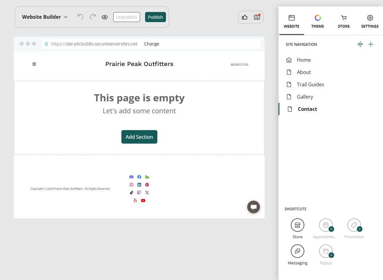 Website Builder editor showing Home, About, Trail Guides, Gallery and Contact in Site Navigation