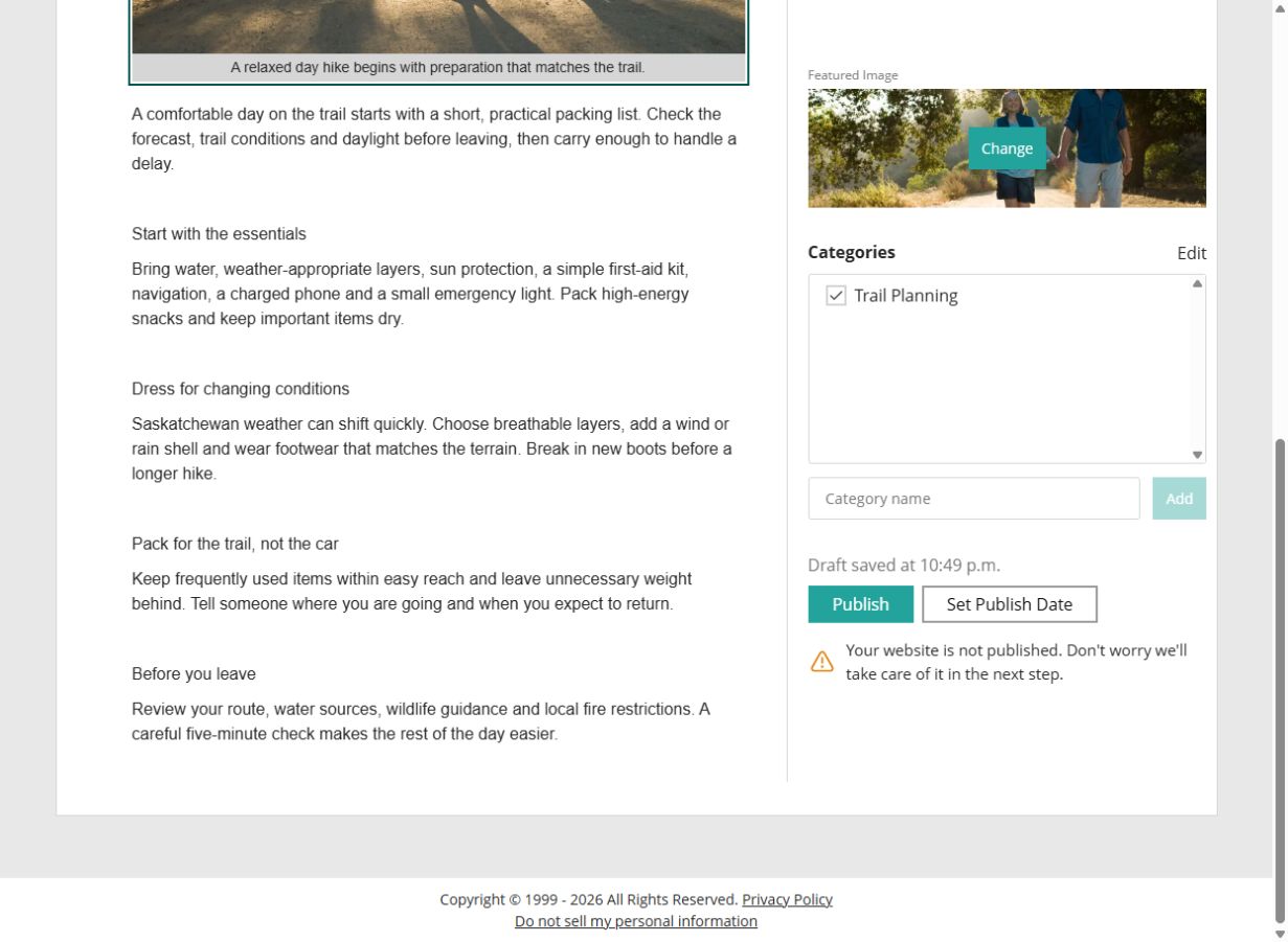 Website Builder Blog editor showing a Saskatchewan day-hike article with a featured image and Trail Planning category
