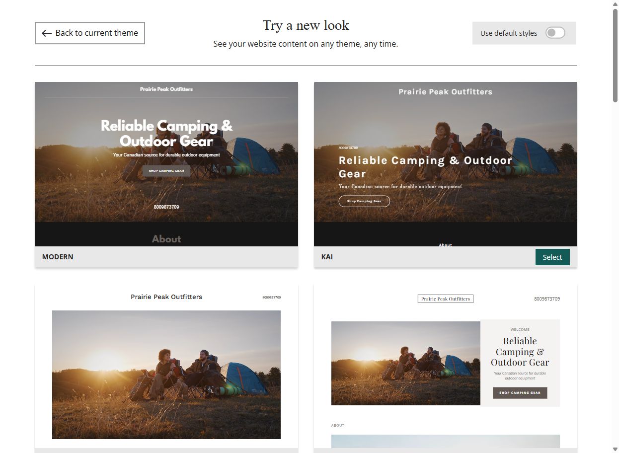 Website Builder template gallery comparing the same business content in different designs