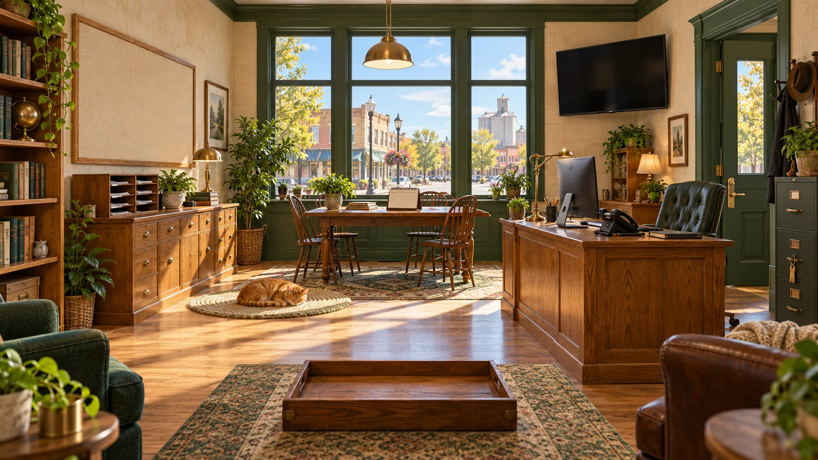 A sunny oak-and-green office overlooking Prairie Main Street, with a screen, computer, mail tray, calendar, books and a sleeping cat.