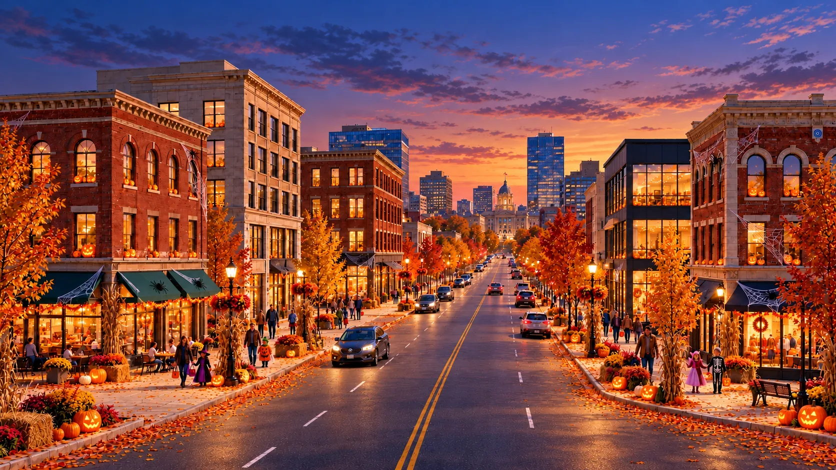 Domain City: a welcoming city avenue with brick and stone storefronts and a skyline beyond.