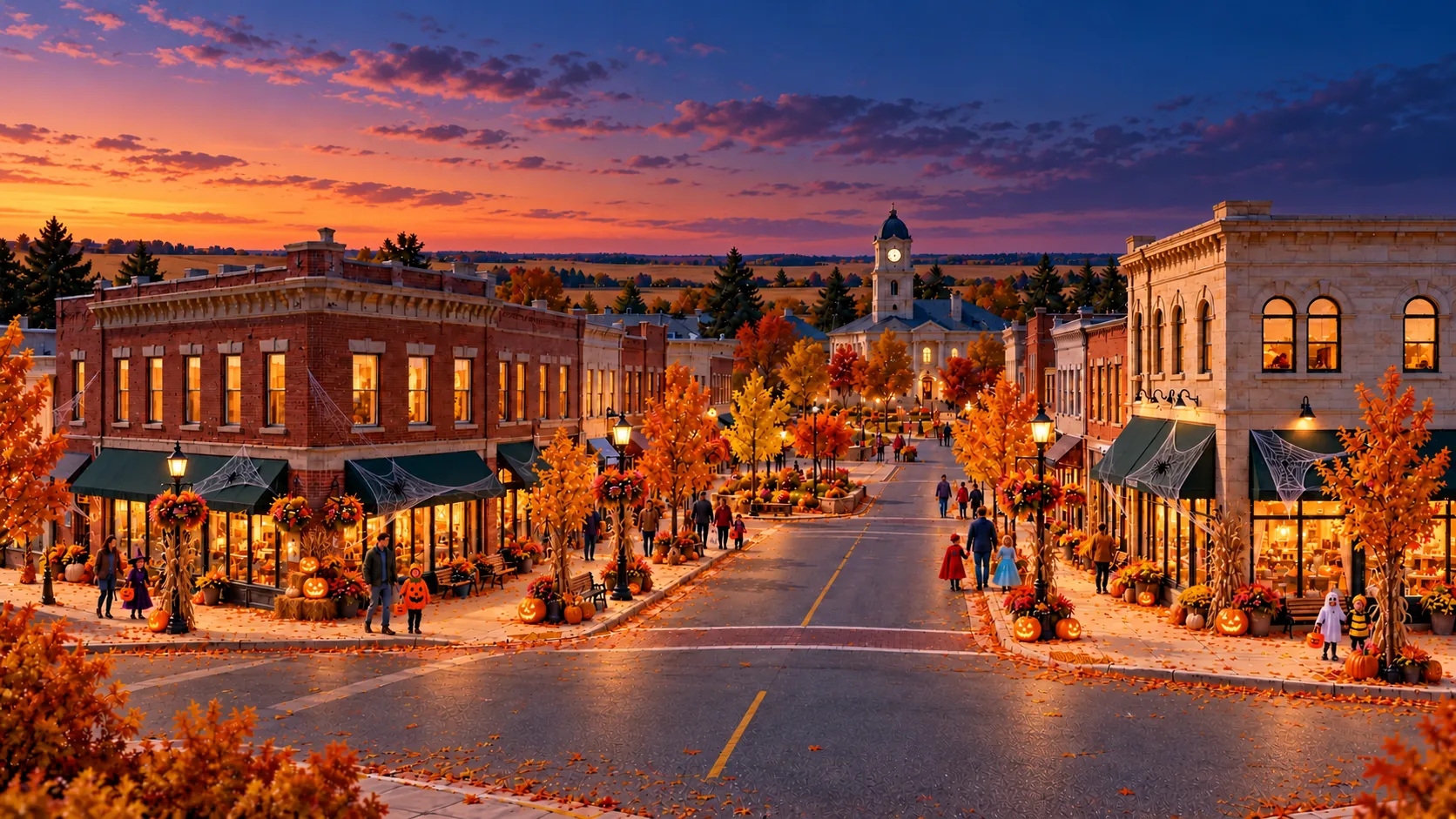 Email Town: a prairie town square with broad brick and stone corner shops and a clock tower.