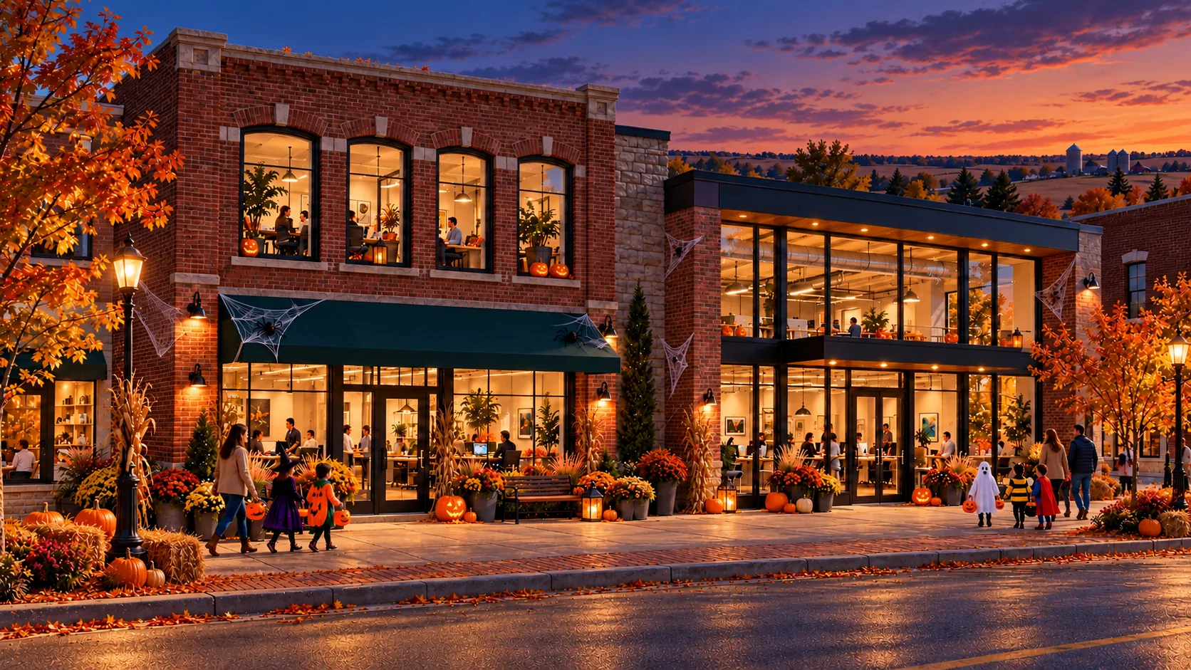 A welcoming brick-and-glass Marketing Agency and newsroom on Prairie Main Street.
