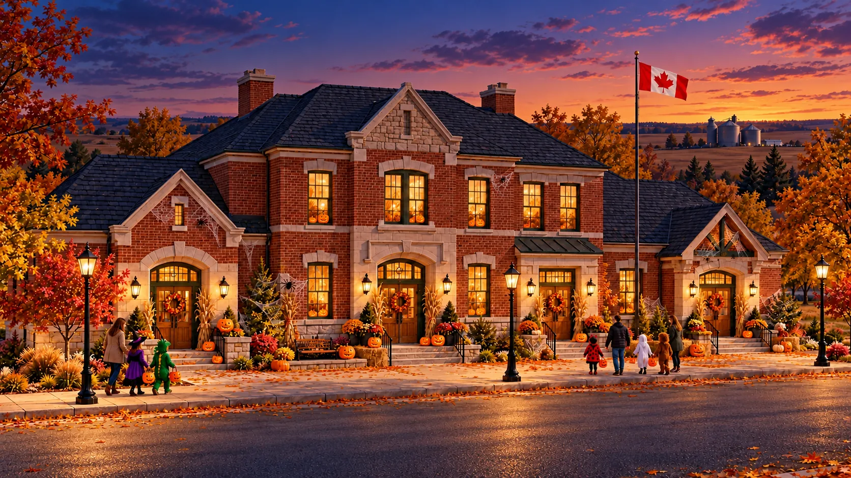 A fictional Canadian-style red-brick security office with limestone entrances, green trim and a Canadian flag.