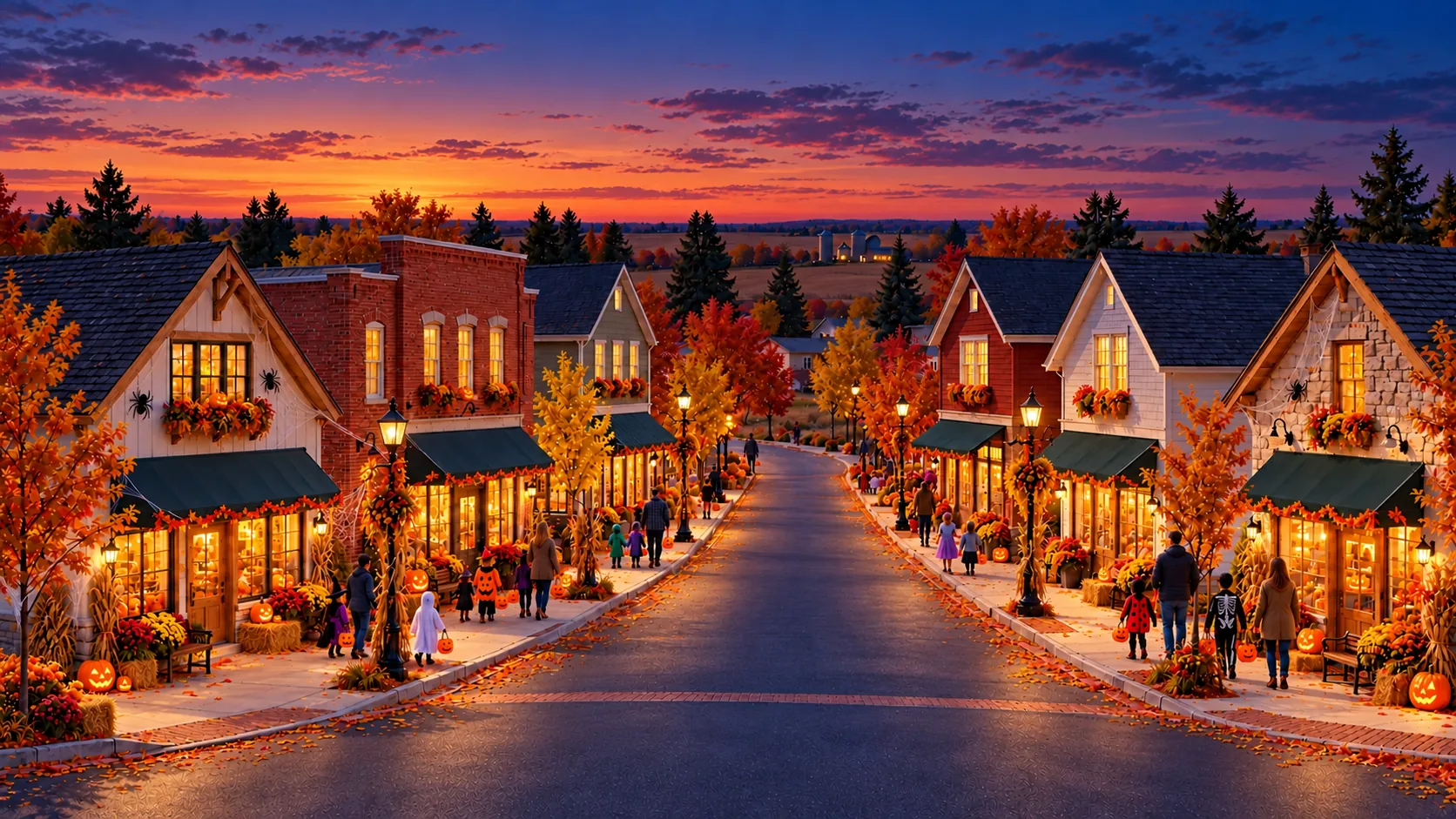 Website Village: six cottage-scale shops with pitched roofs, green awnings and a lane leading to prairie fields.